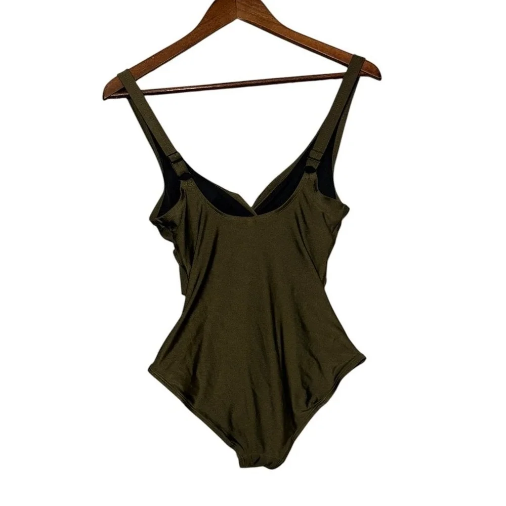 DKNY Womens Twist Front One Piece‎ Swimsuit S Olive Ruched Shaping Metallic - Picture 2 of 6